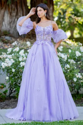 3D Floral Puff Sleeve A-line Gown by Cinderella Couture 8130J