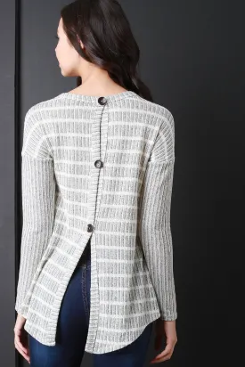 Back Button-Up Striped Long Sleeves Sweater Top