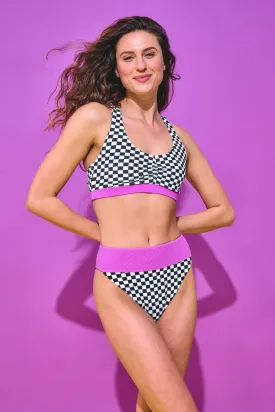 Banded High Waisted Bikini Bottom in Racing Check in Bougainvillea