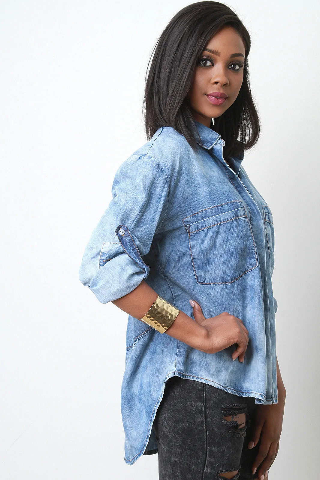 Bleach Wash Hidden Button-Up Denim Shirt