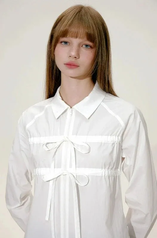 Bow Tie Detail Collared Cropped Shirt