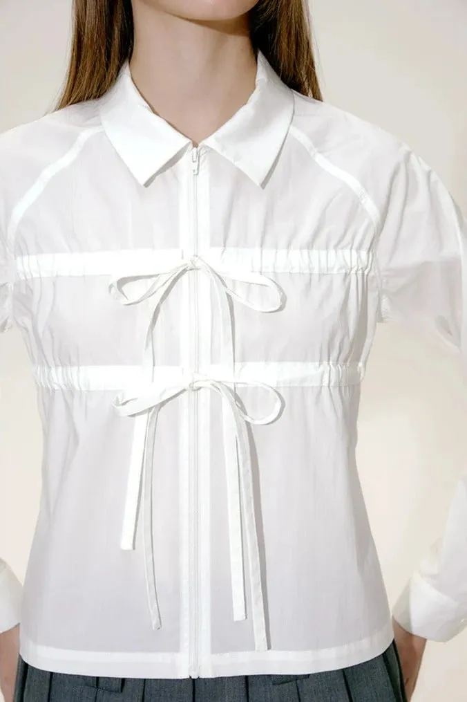 Bow Tie Detail Collared Cropped Shirt