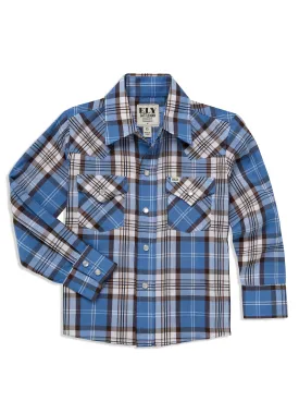 Boy's Ely Cattleman Long Sleeve Textured Plaid Western Snap Shirt- Blue & Brown