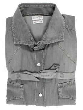 Brunello Cucinelli Denim Western Shirt Gray S SALE