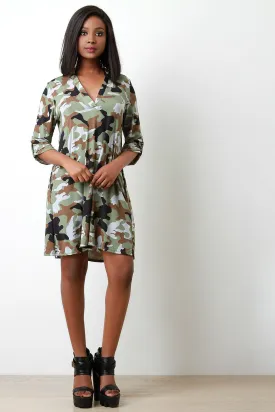 Camo Print V-Neck Longsleeve Shift Dress