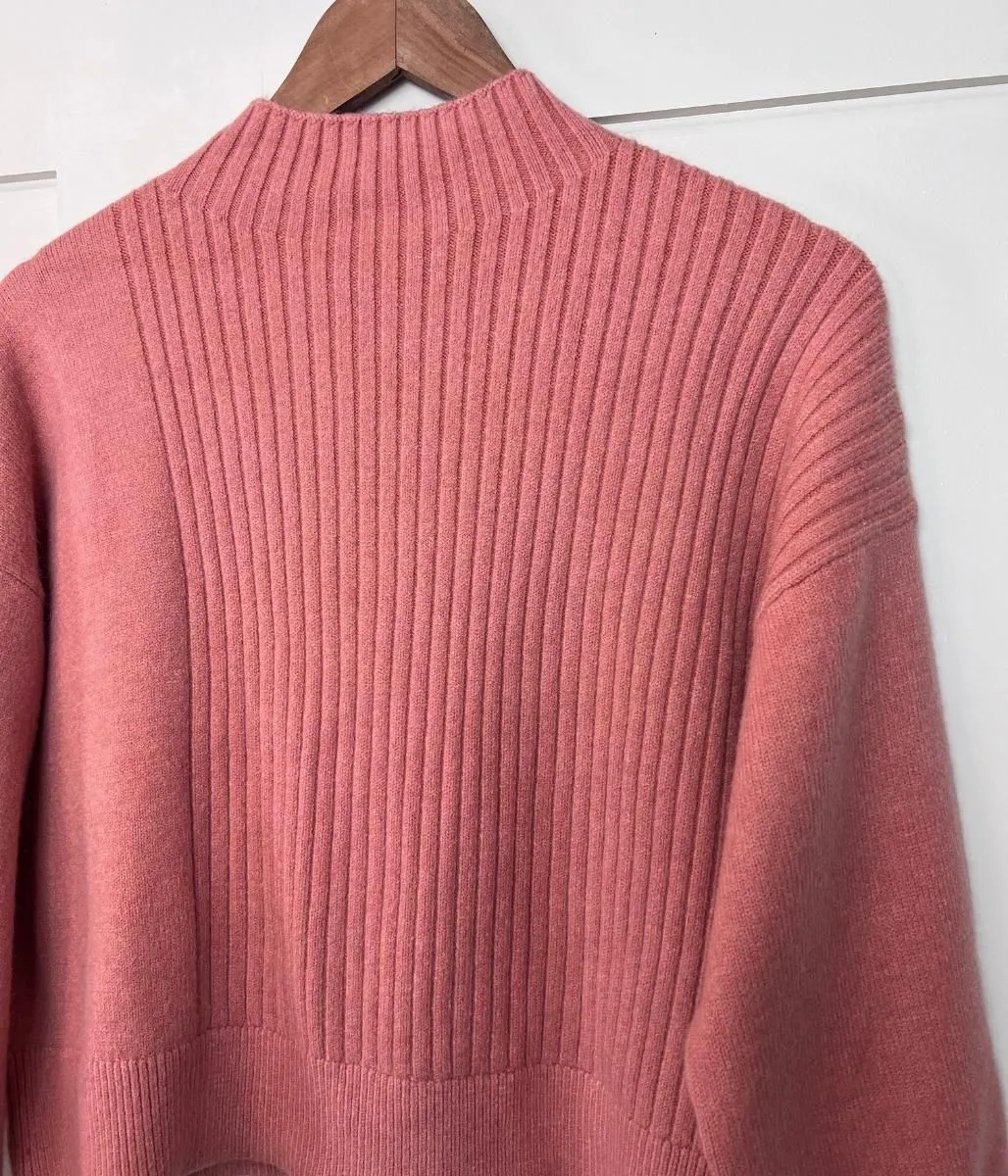 Dusky Pink Part Ribbed Funnel Neck Jumper