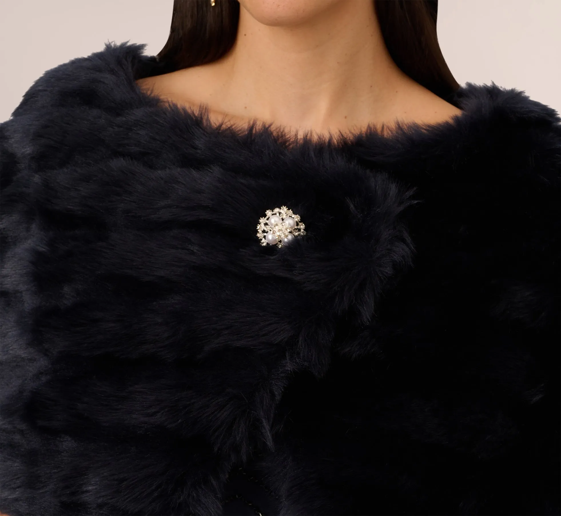 Faux Fur Wrap With Stone Brooch In Midnight