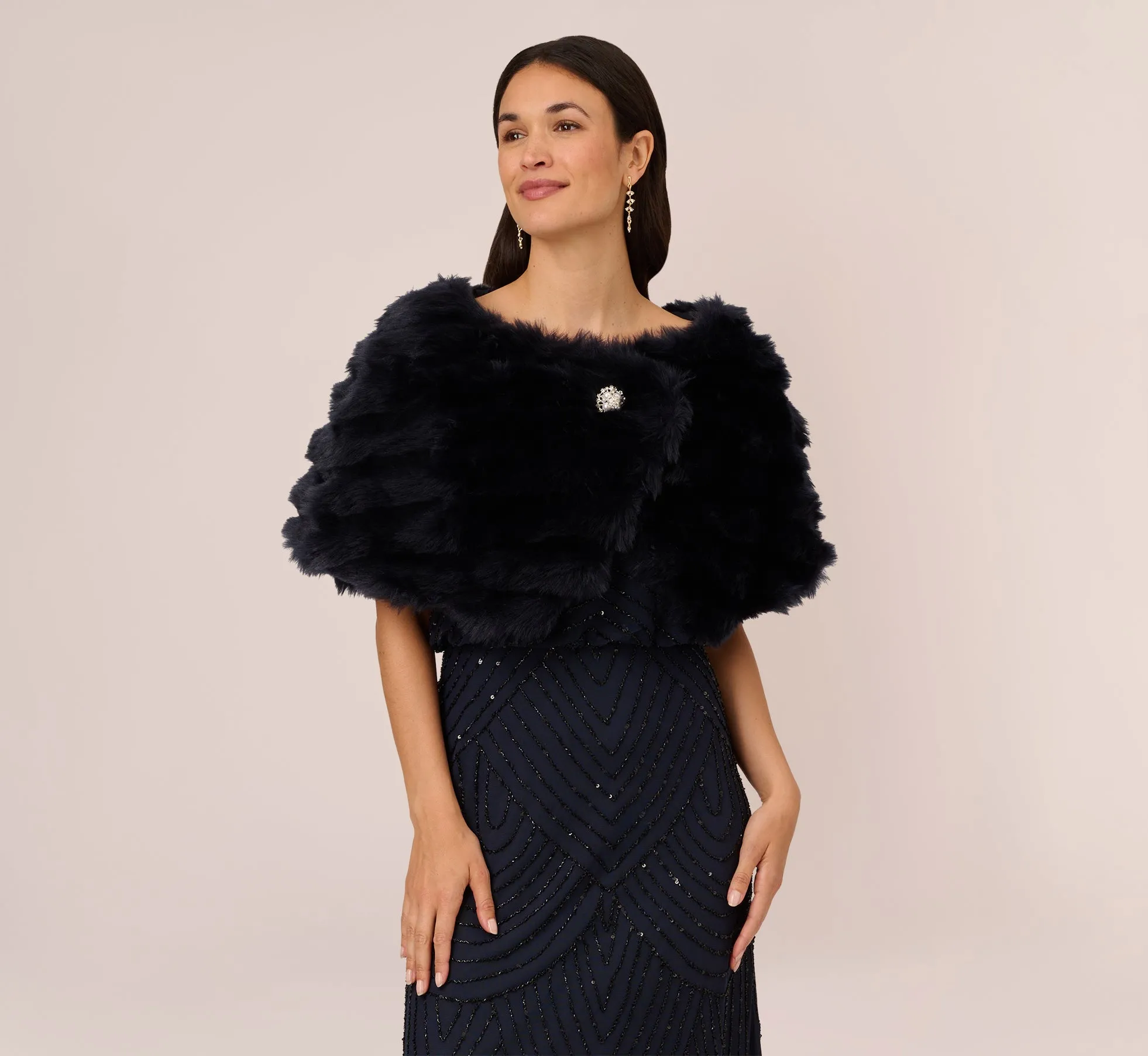 Faux Fur Wrap With Stone Brooch In Midnight