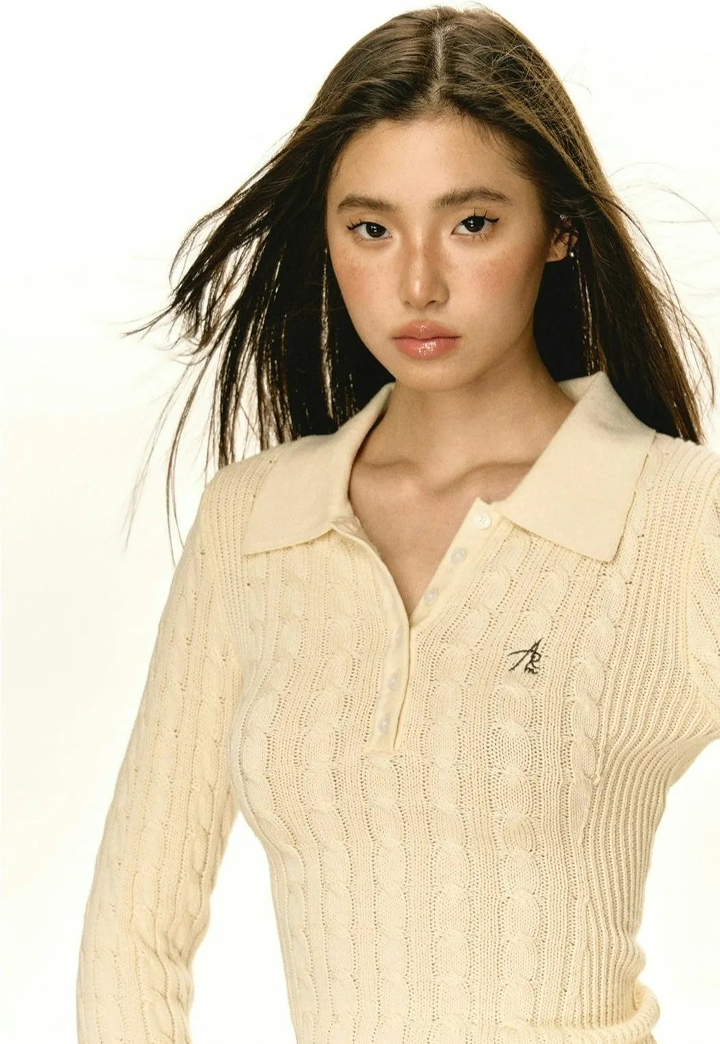 Half-Button Cable Knit Collared Pullover