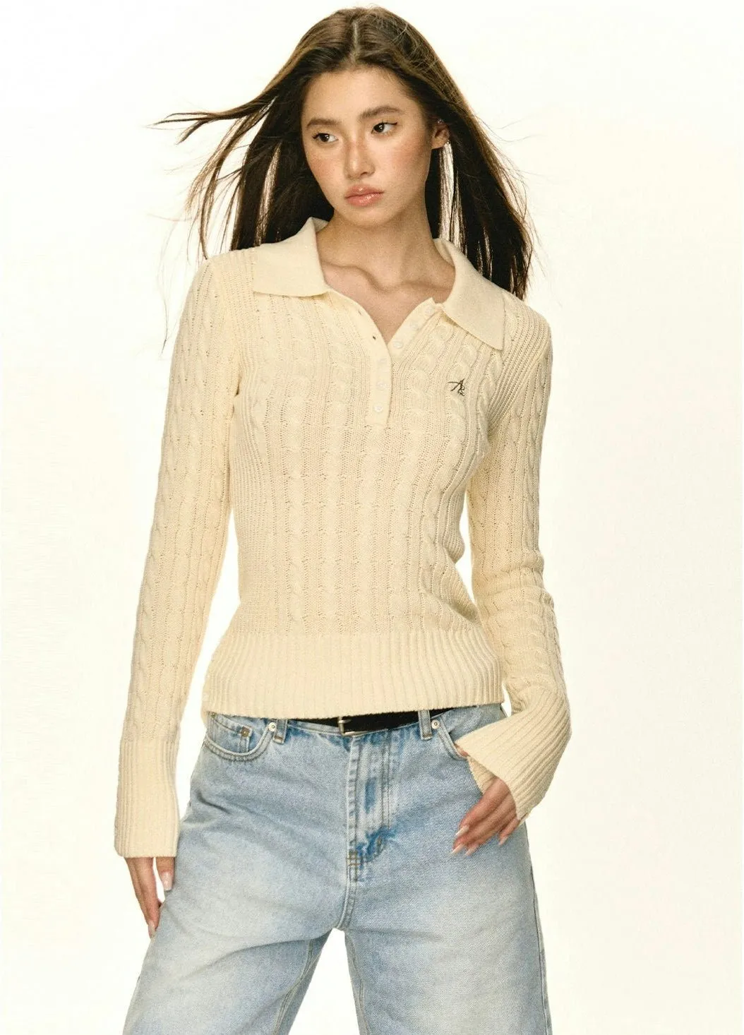 Half-Button Cable Knit Collared Pullover