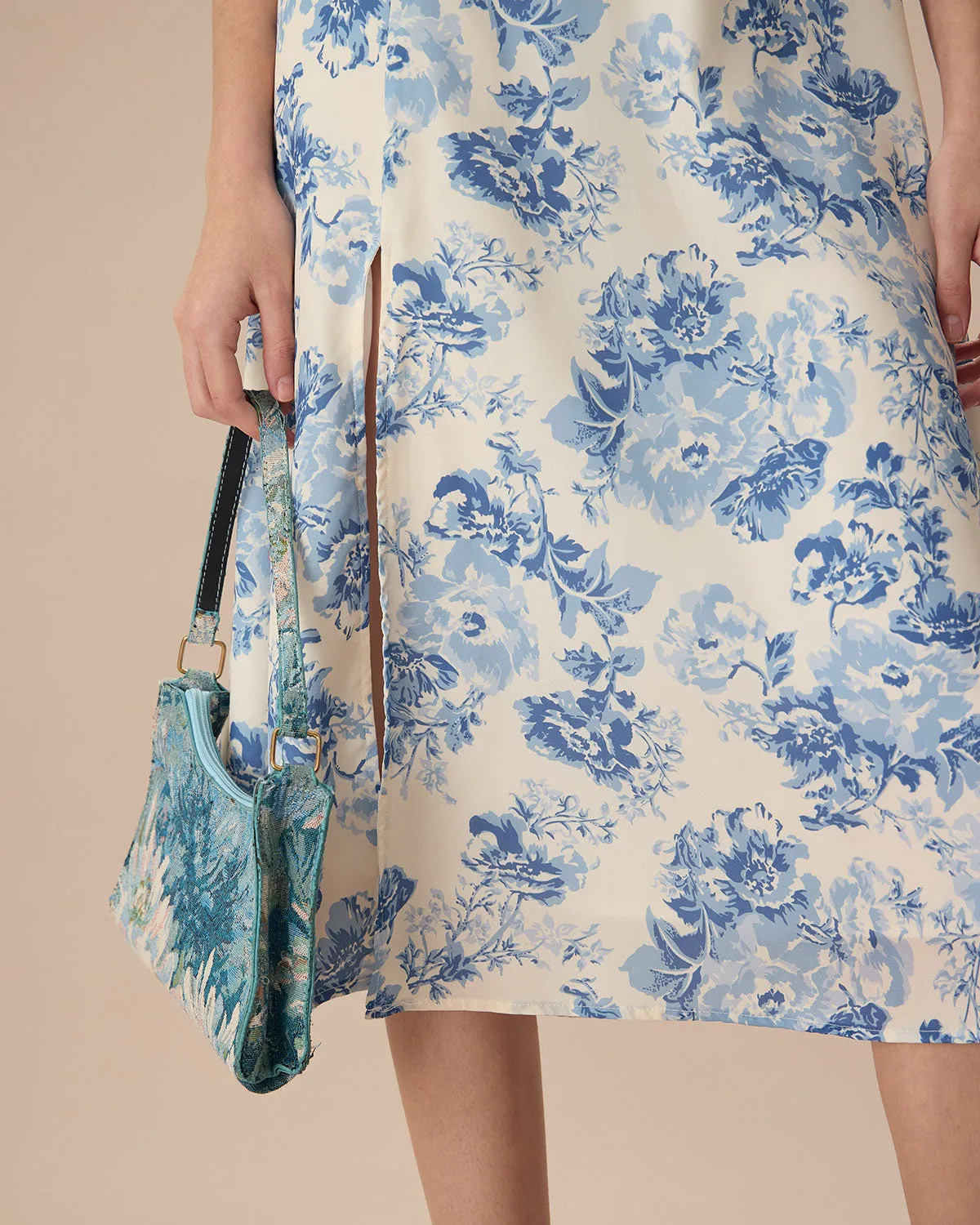 The Blue Round Neck Cap Sleeve Floral Midi Dress