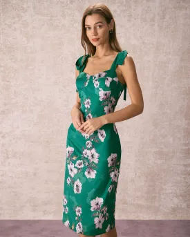 The Green Floral Satin Tie Strap Midi Dress