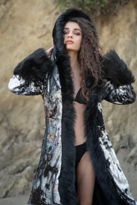 Women's Sequin Temptress Coat in "Silver Hologram/ Black"